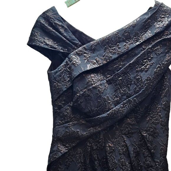 Kay Unger New York Black on Black Off the Shoulder Ruched Midi Bodycon Dress, 8 - Picture 4 of 10